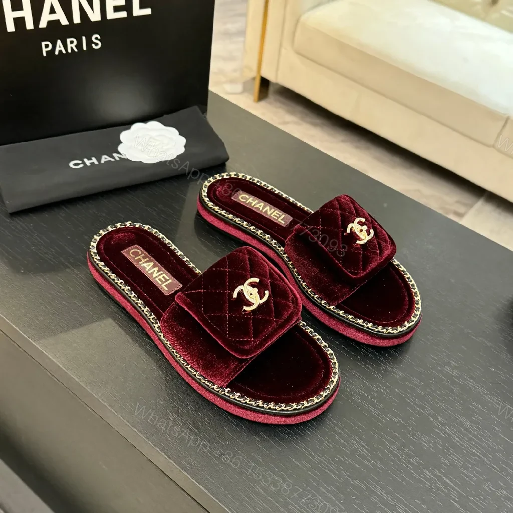 Deep Wine Velvet Mules with Gold Chain Trim Slides — view 1