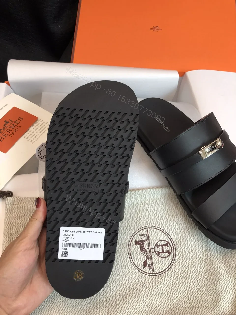 View 2 of Matte Black Leather Sandals with Signature Hardware