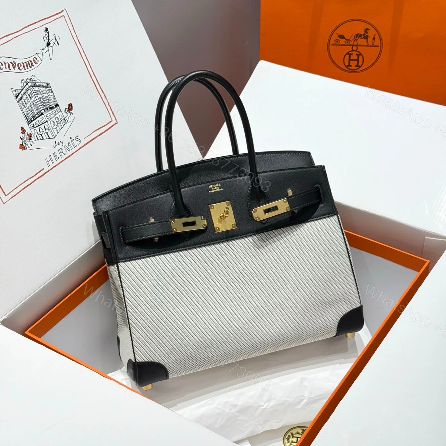 HERMES QUADRILLE BIRKIN 30 IN BLACK SWIFT WHITE TOILE CANVAS — view 1