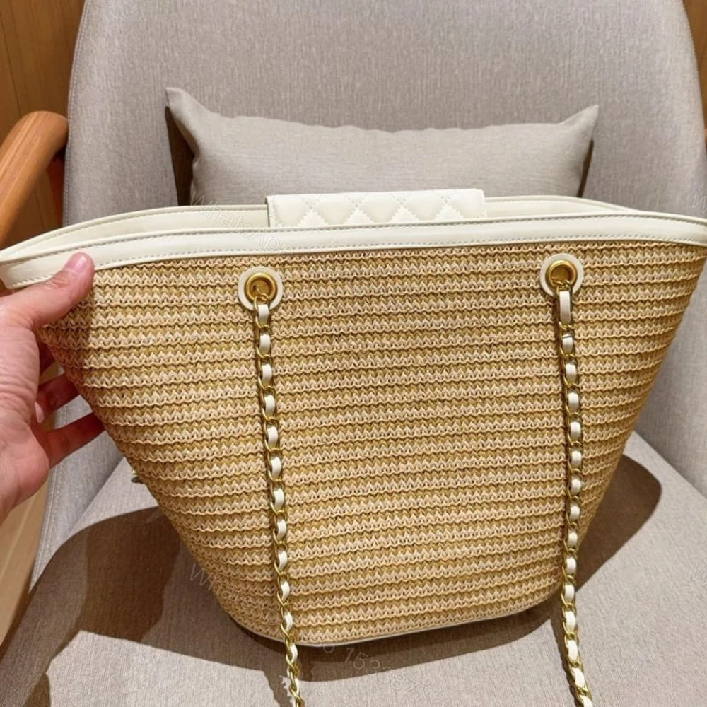 View 6 of Chanel Small Shopping Bag Braided Straw Beige White 25Cm