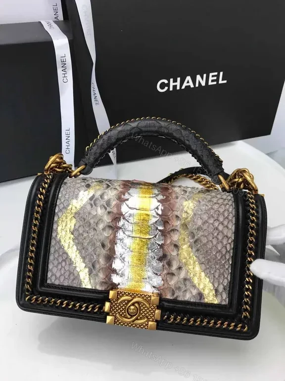 View 9 of Python Leather Chanel-Inspired Handbag: Rich Texture, Gold Clasp
