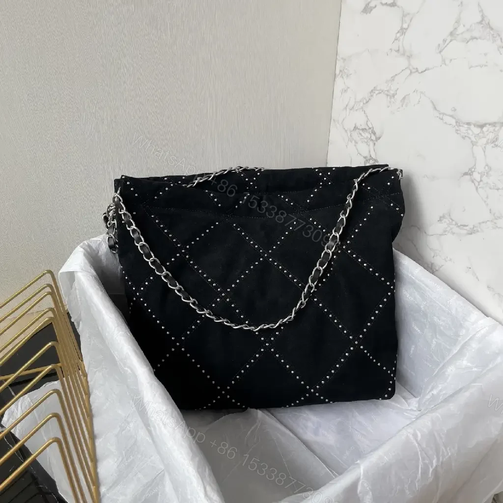 View 3 of Black Satin Quilted Bag with Diamond Stitching, Silver Chain Strap
