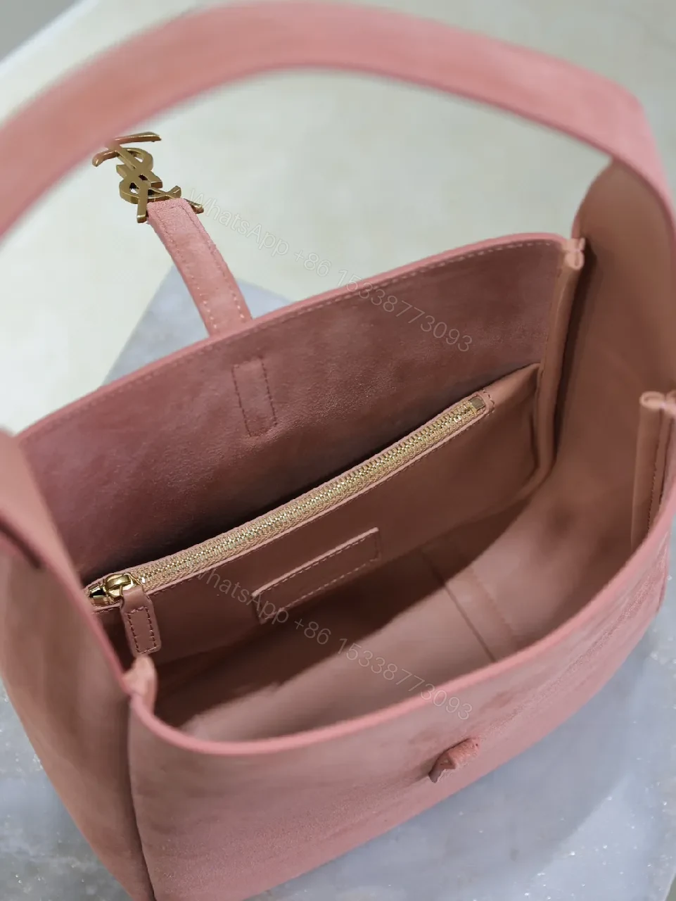 View 3 of Soft Suede Shoulder Bag - Rose + Suede + Everyday Luxe + YSL Hardware + Shoulder Bag