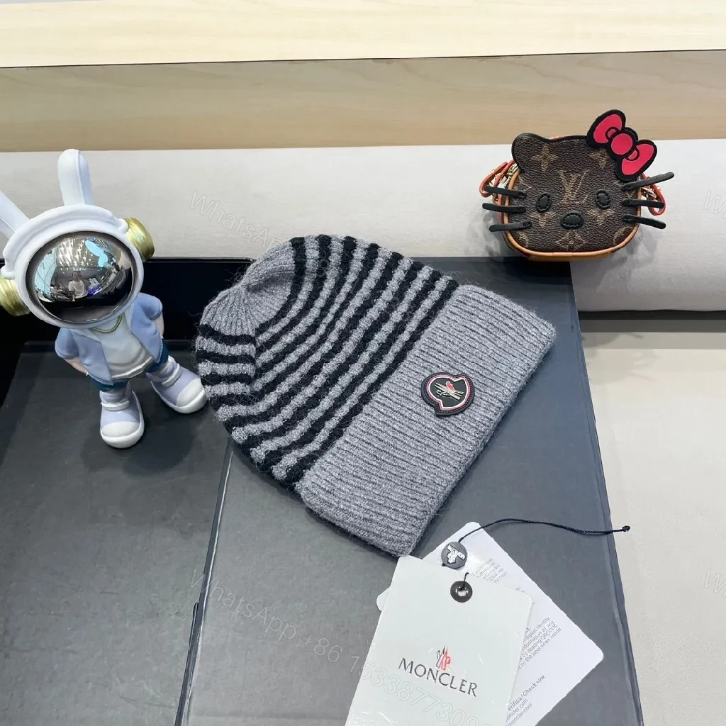View 6 of Cozy Striped Knit Beanie with Moncler Badge - Luxe Warmth