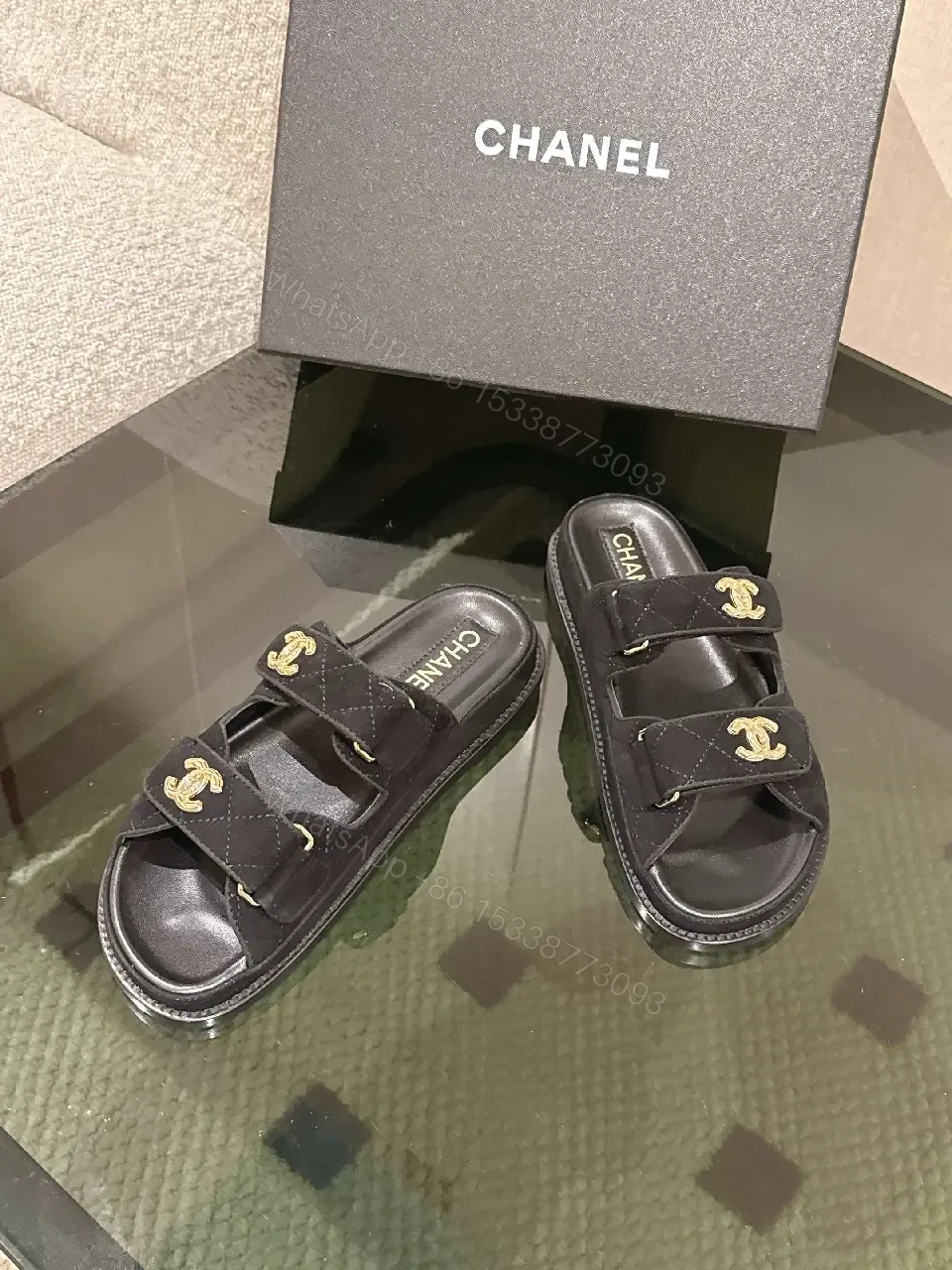 View 4 of Quilted Black Sliders with Gold Hardware — Everyday Luxury
