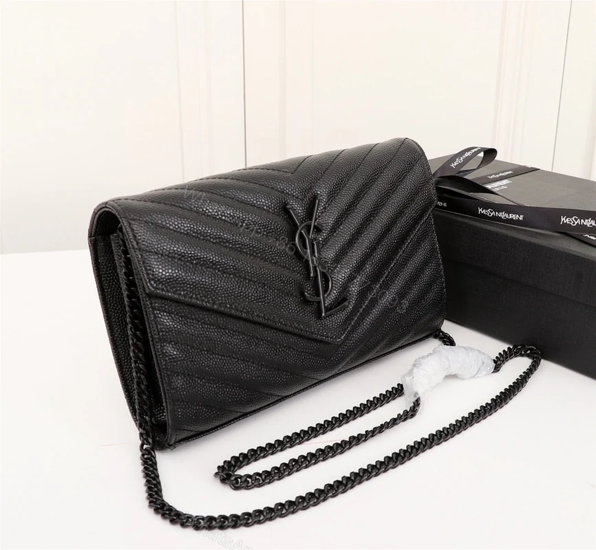 View 5 of Saint Laurent Cassandre Matelassé Chain Wallet In Grain De Poudre Embossed Black Noir 22Cm