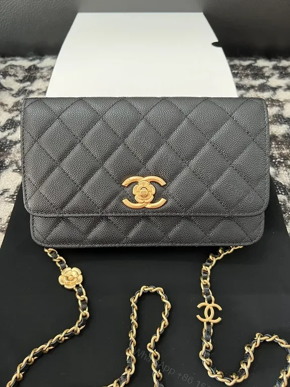 Chic Quilted Wallet on Chain: Black Leather, Luxe Gold, CC Logo — view 1