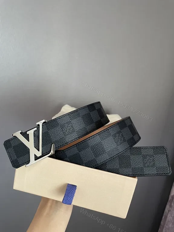 View 3 of Checkerboard LV-Style Belt: Charcoal Leather with Signature Buckle