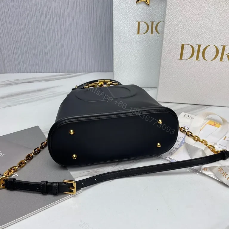 View 7 of Lux Black Leather Bucket Bag with Gold Hardware - Dior-Inspired Elevation
