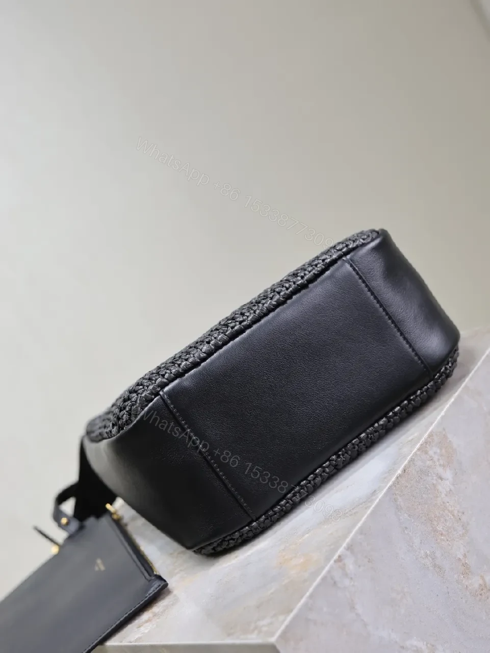 View 7 of Compact Woven Leather Hobo with Chain-Accent Black Leather Bag