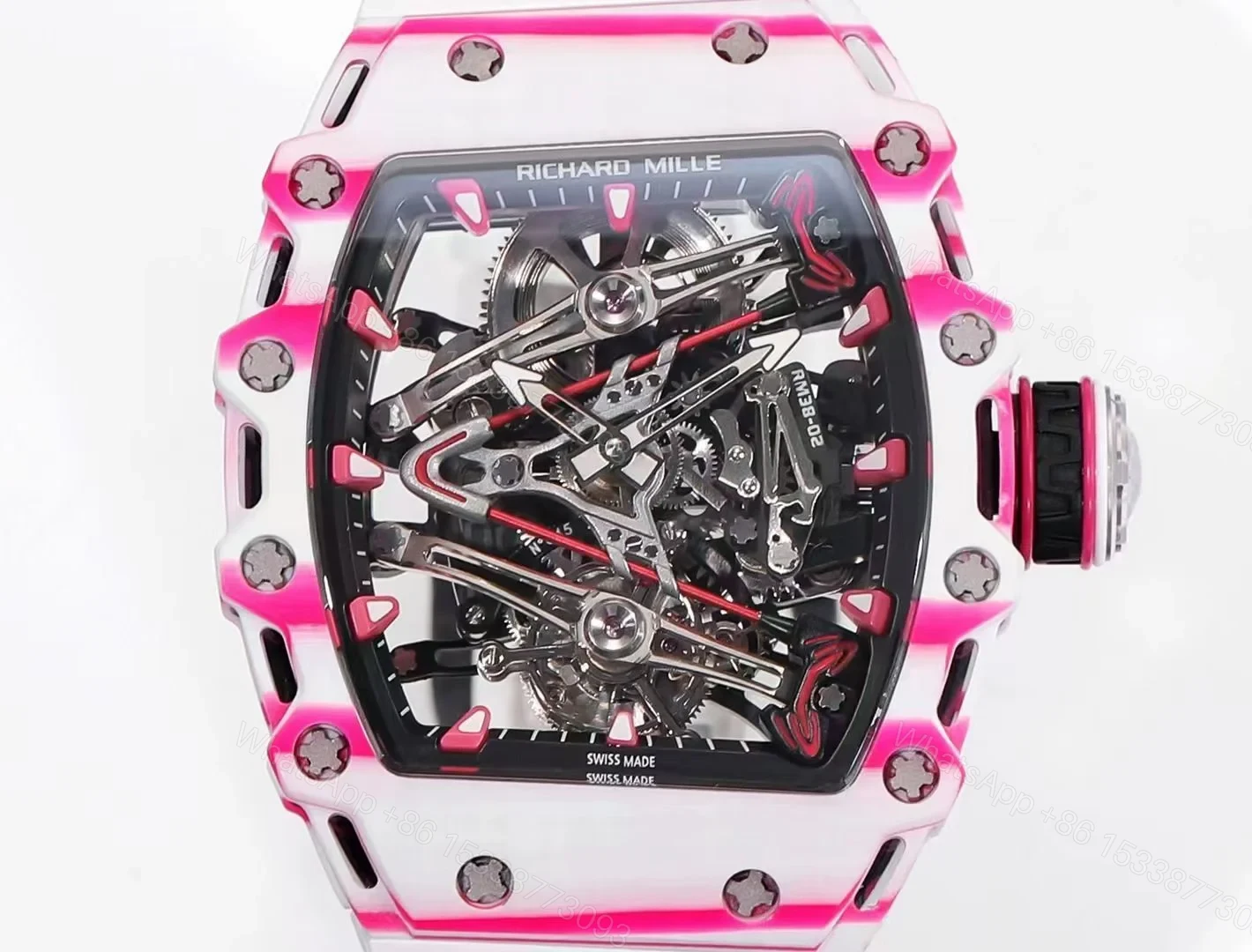 View 6 of Richard Mille RM38-02 Tourbillon Bubba Watson Watch Pink Quartz Carbon Fiber Skeleton Dial Golf Ball Inspired Manual Winding Movement RM38-02-BW-PQC-SK10