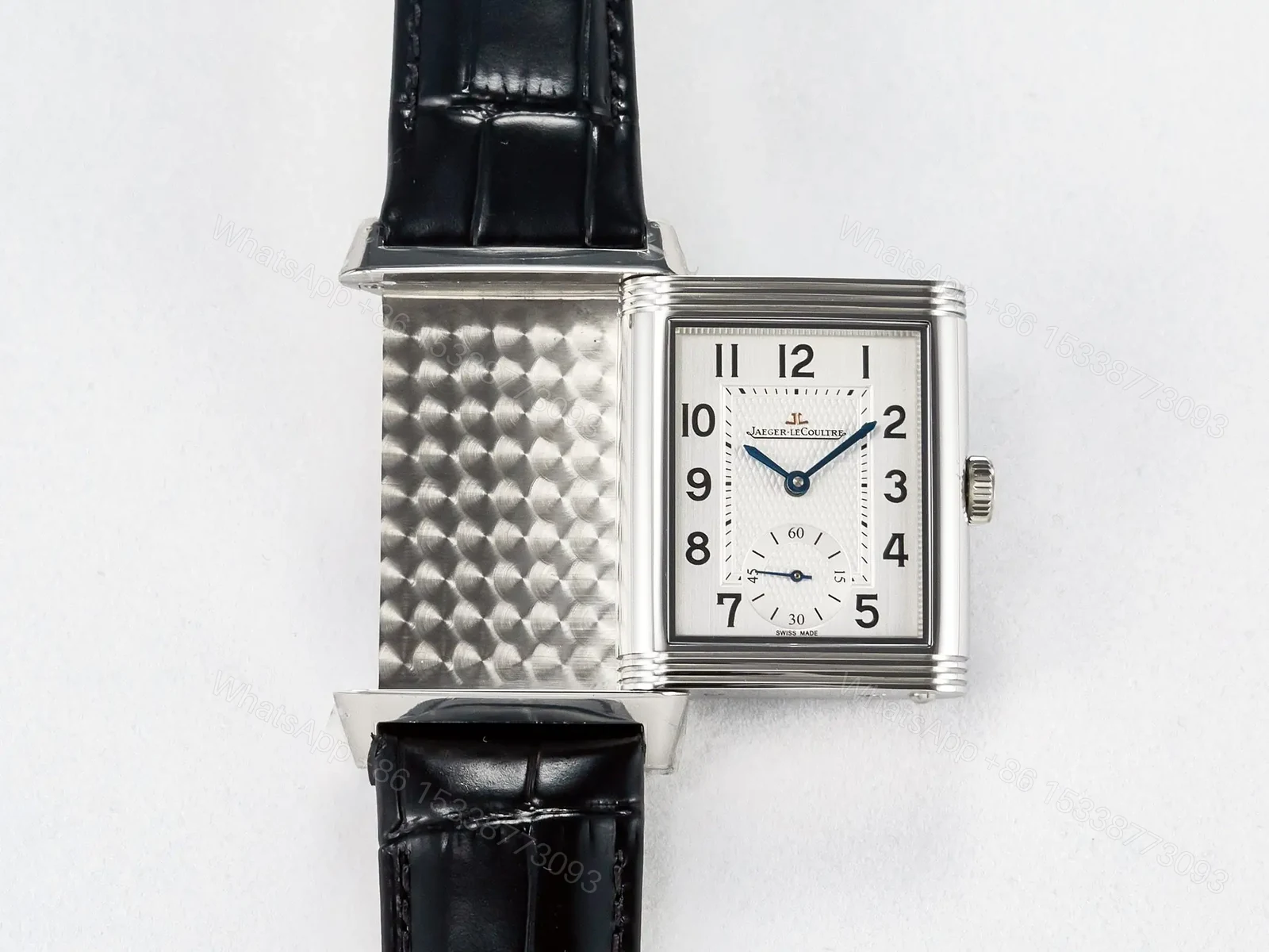 View 13 of Reverso Classic Duoface Small Seconds SS MGF Best Edition White Guilloché Dial on Black Leather Strap A854A