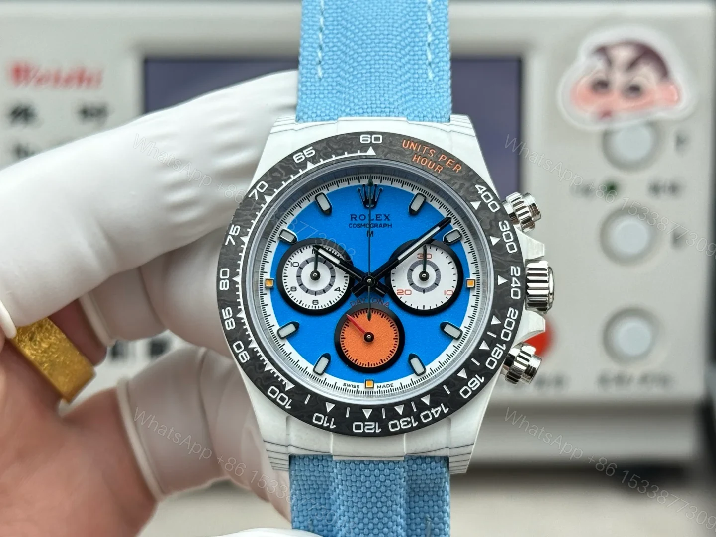 Rolex Daytona Carbon Fiber Blue Replica 40MM Premium Black Bezel Blue Fabric Strap R74-BLUE — view 1