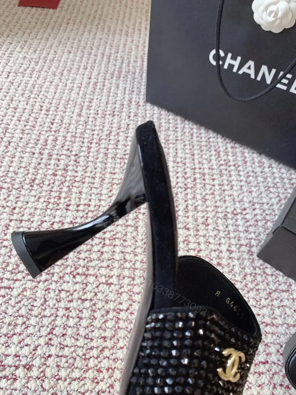 View 2 of Black Velvet Crystal Dainty Mules with Chanel Logo Heels