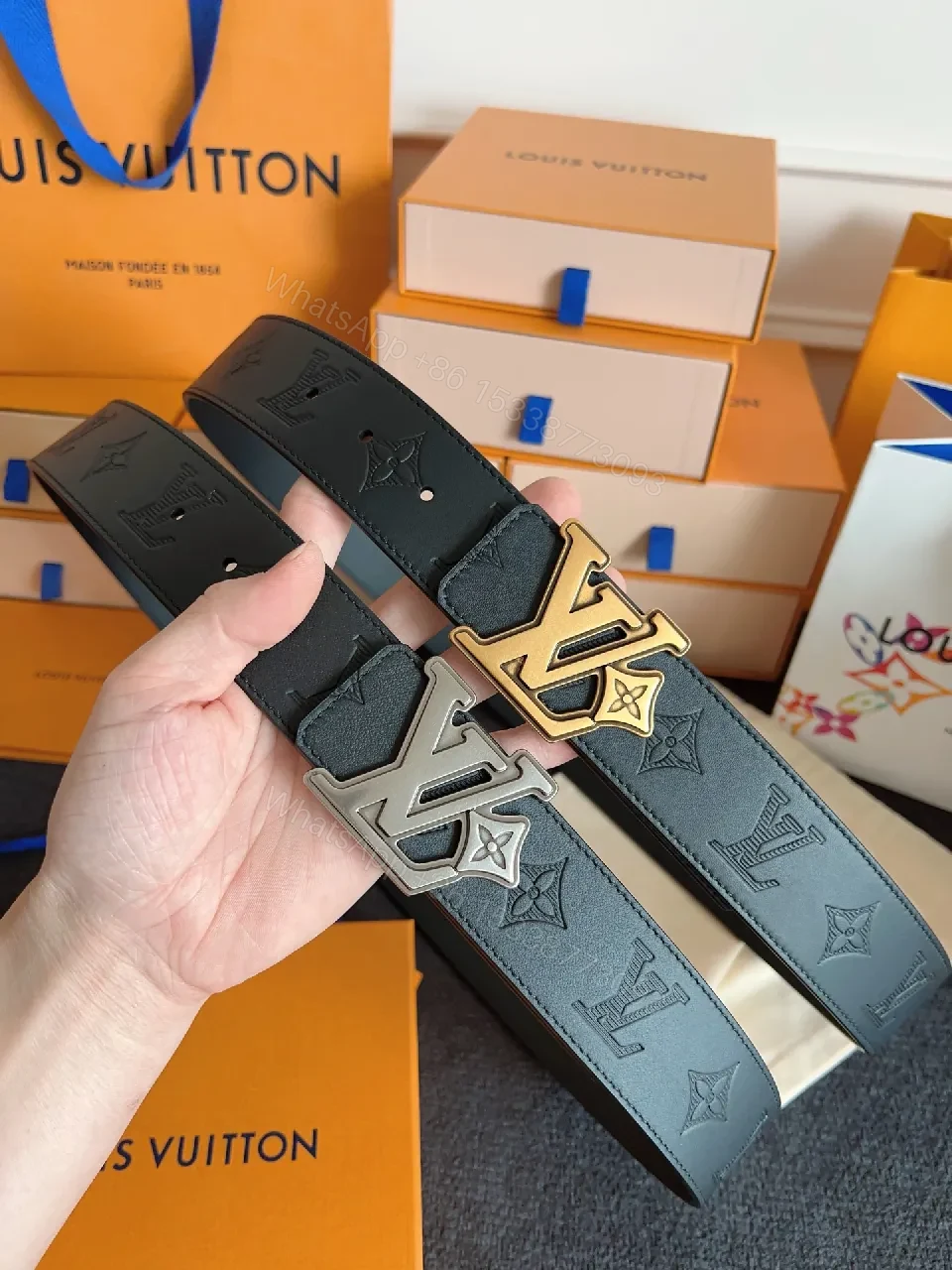 View 6 of Lux Black Leather Belt with LV Monogram & Silver Buckle