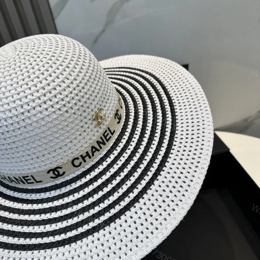 View 3 of White Straw Hat with Chanel-Inspired Band, Wide Brim, Luxe Comfort