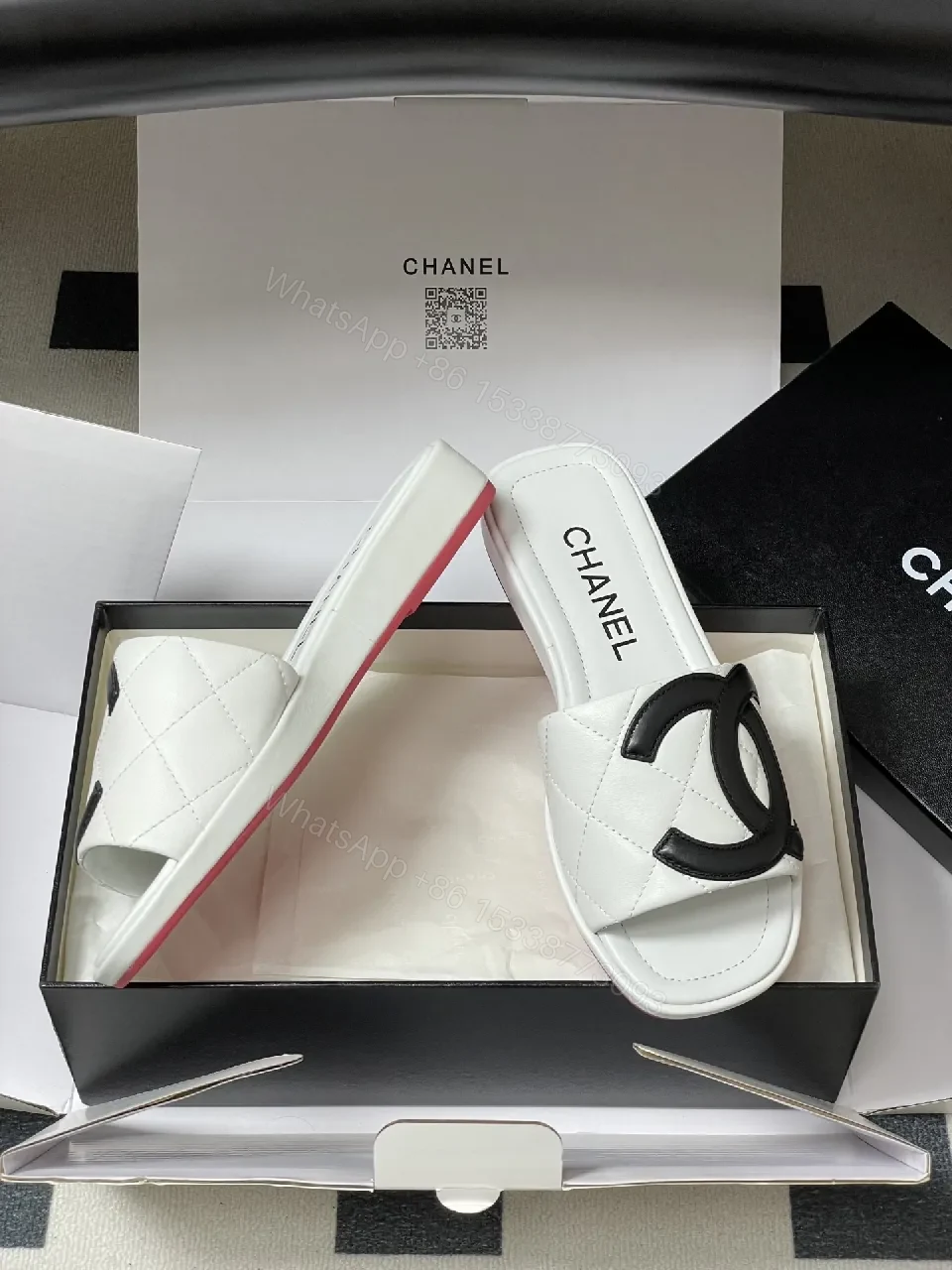 View 5 of White Quilted Leather Slide with Interlocking Logo, Premium Comfort