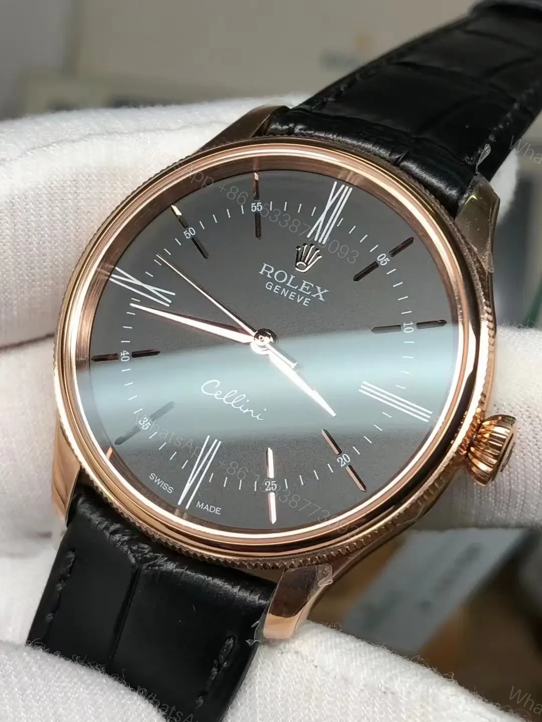 View 3 of Rolex Cellini Time 50505 39mm Everose Black Dial Black Alligator Strap Watch 50505-0009