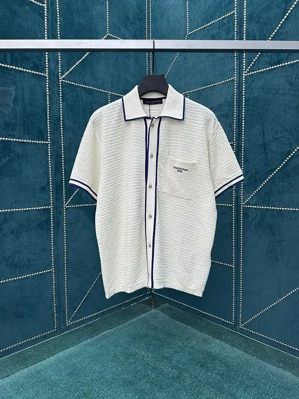 Off-White Shirt Textured Weave Navy Piping Pocket Logo Button-Up — view 1