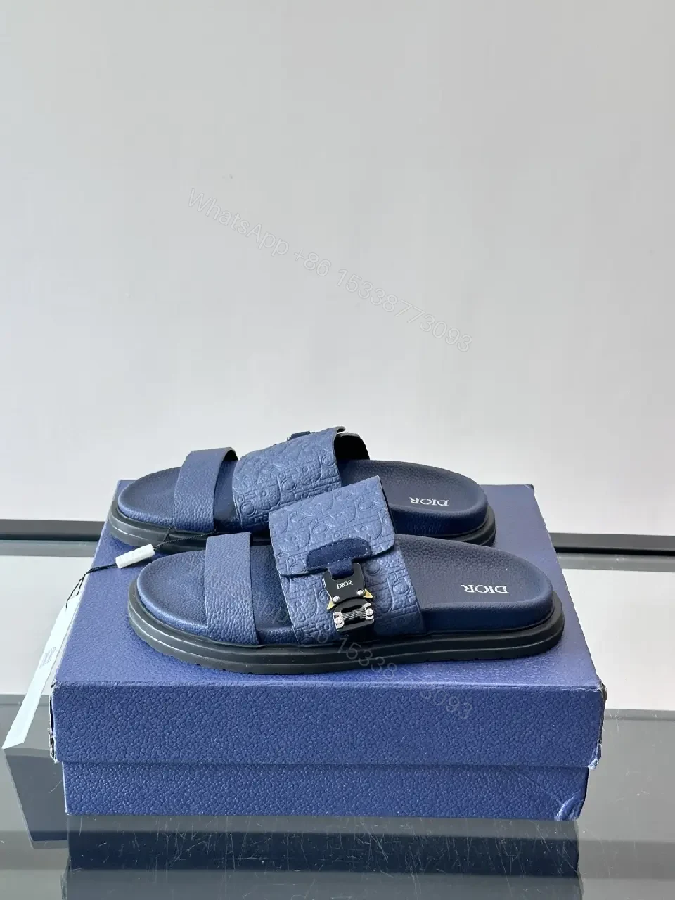 View 7 of Navy Leather Dior-Logo Slide Sandals with Buckle