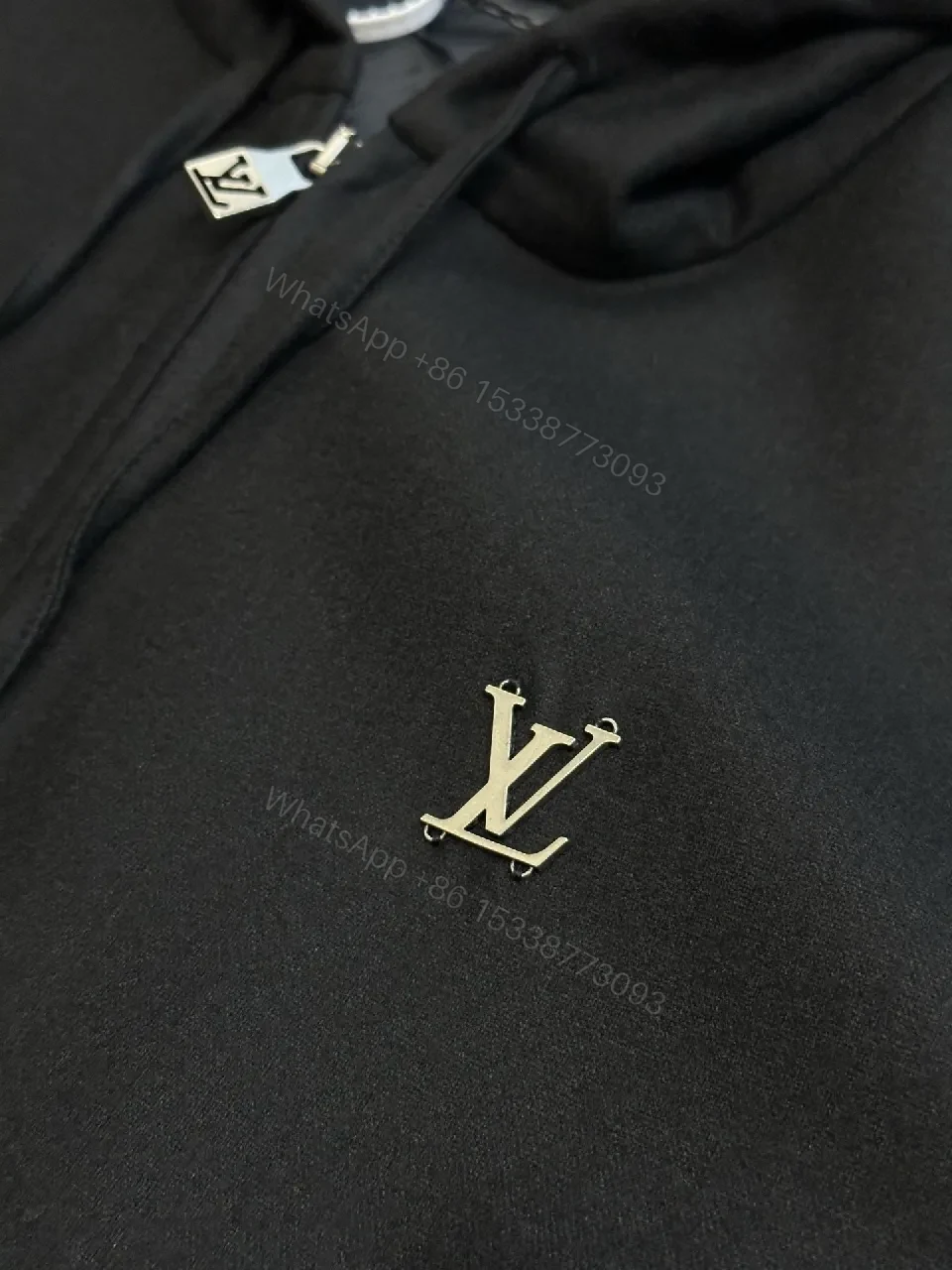 View 8 of Black Leatherette Minimal Zip Hoodie with LV Emblem