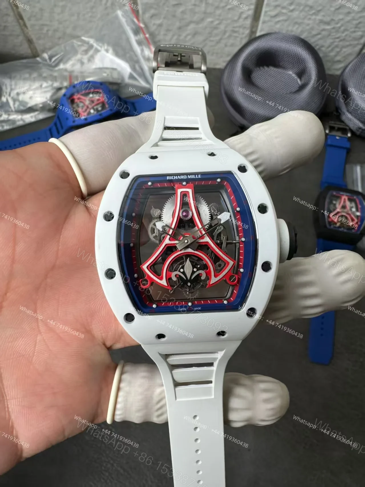 View 4 of Super Clone Richard Mille RM52-03 White Ceramic Paris Saint-Germain Skeleton Tourbillon 1:1 Replica Watch