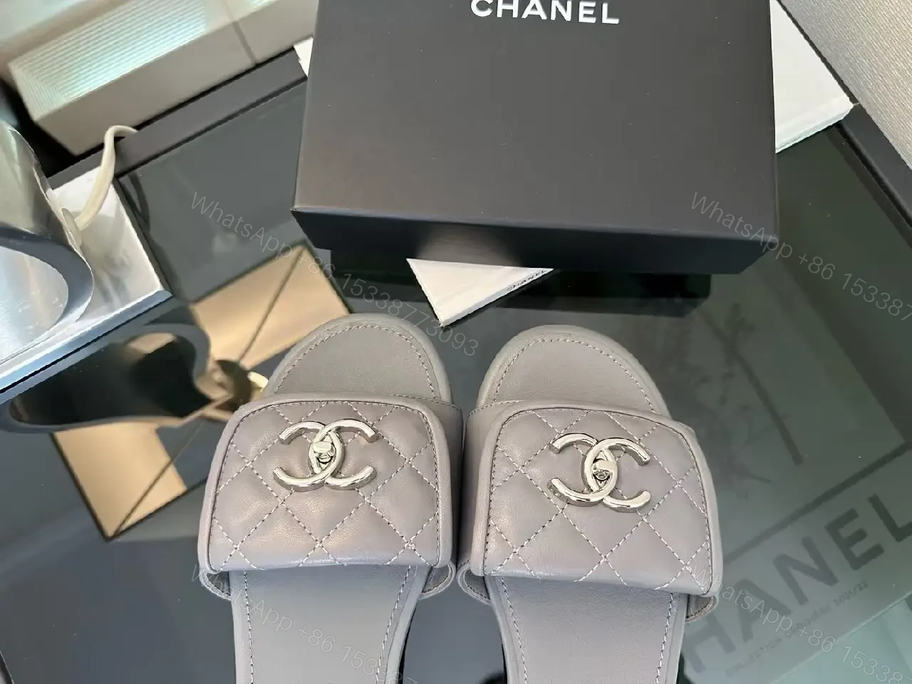 View 7 of Quilted Gray Slip-Ons: Luxe Comfort Slide with Hardware