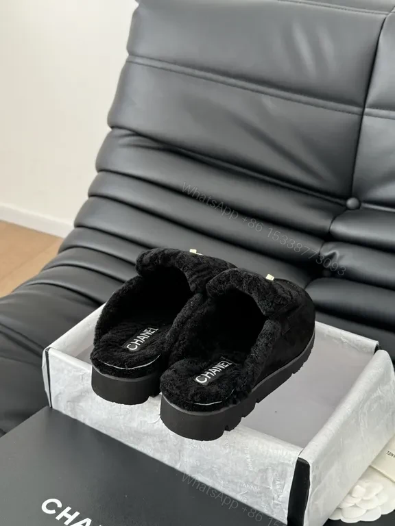 View 7 of Velvet Trim Slippers - Chanel-Inspired, Gold Logo Slip-Ons