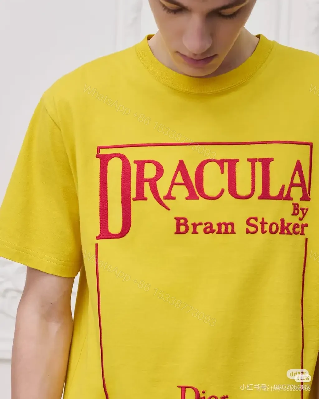 View 6 of Yellow Cotton T-Shirt with Dracula Print, Dior Brand Style, Graphic Tee