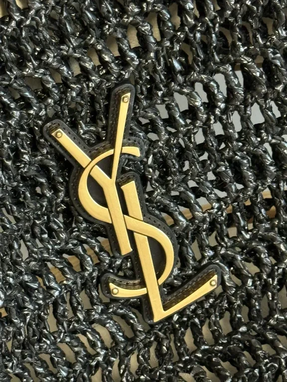 View 3 of Textured Crochet Shoulder Bag with Gold YSL Logo, Luxury Style