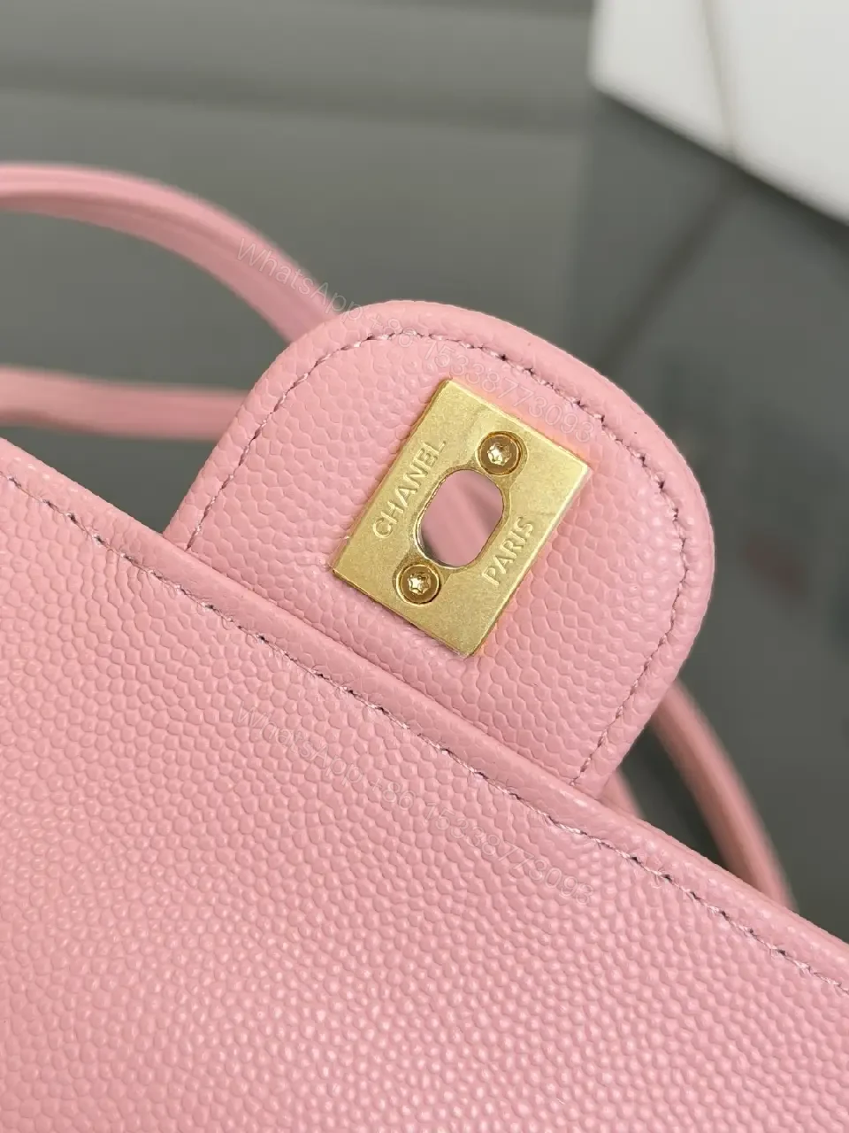 View 3 of Pink Textured Leather Shoulder Bag with Gold Logo Closure (Compact)