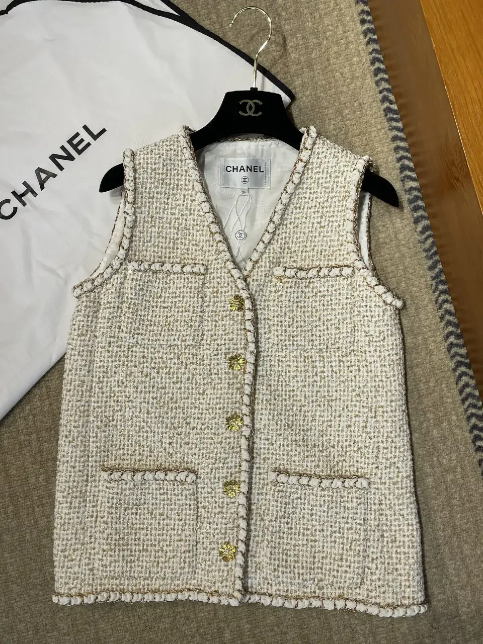 View 3 of Cream Bouclé Vest, Gold Buttons, Textured Luxe Style, Buttoned Front Vest