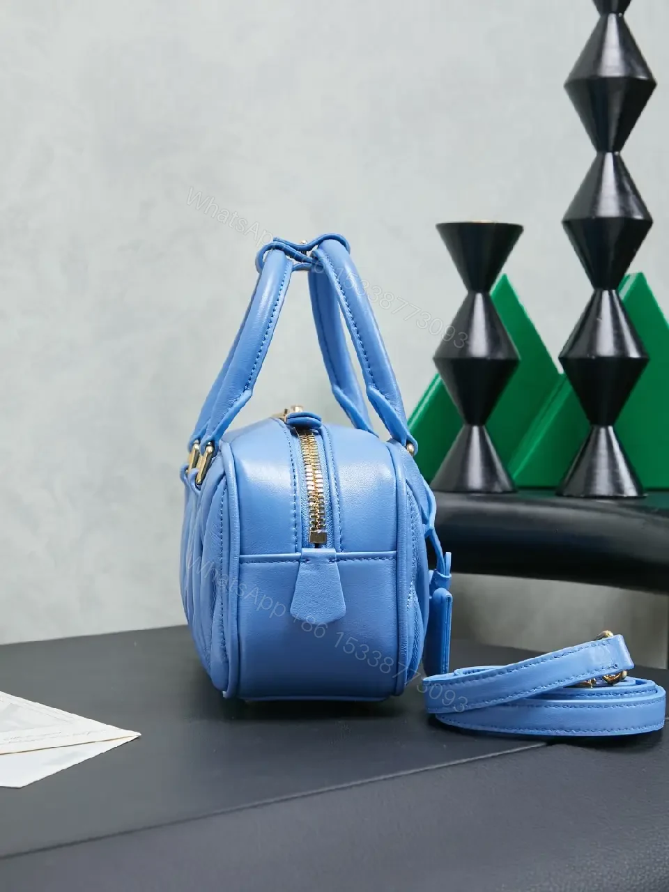 View 9 of Bright Blue Quilted Structured Satchel with Top Handles Analogous to Miu Miu-style Gold Hardware Bag
