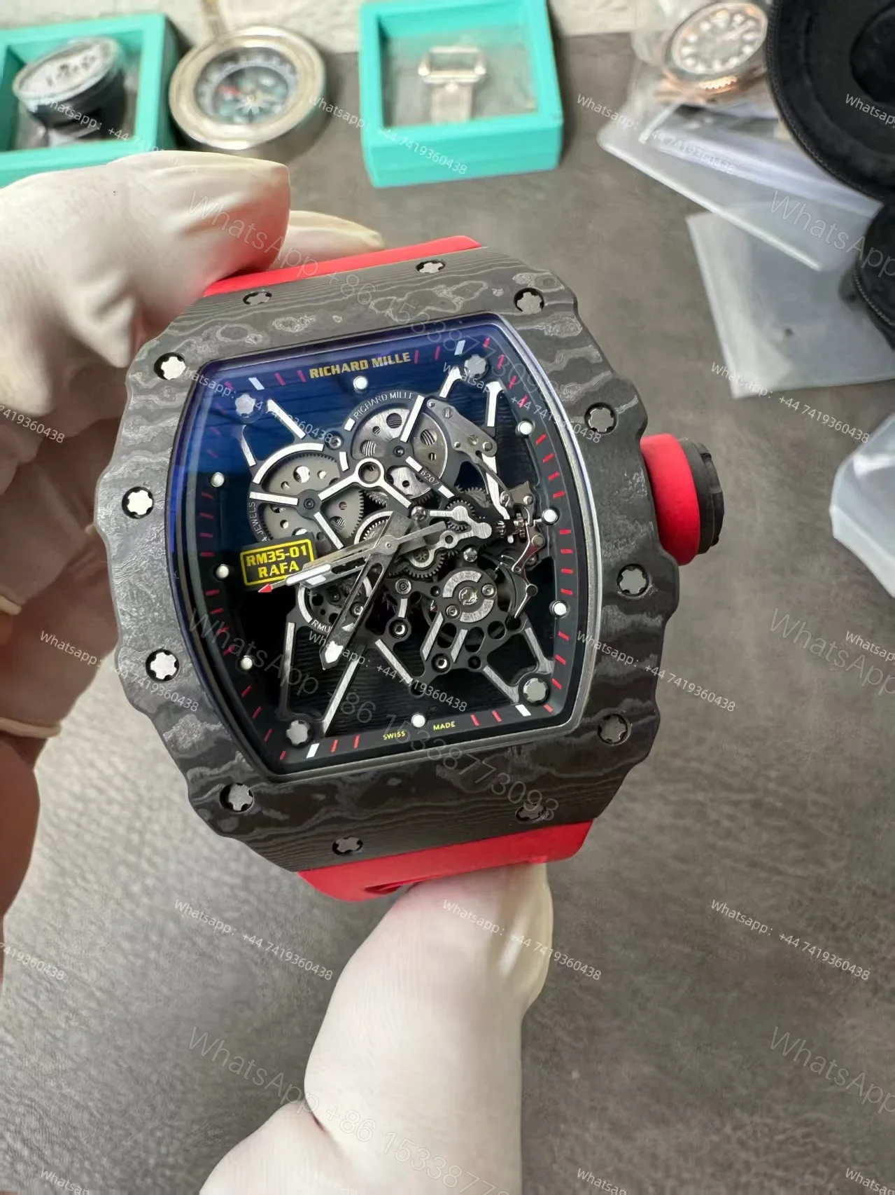 View 4 of Super Clone Richard Mille RM 35-01 Carbon TPT Skeleton Red Rubber Strap 1:1 Replica Watch