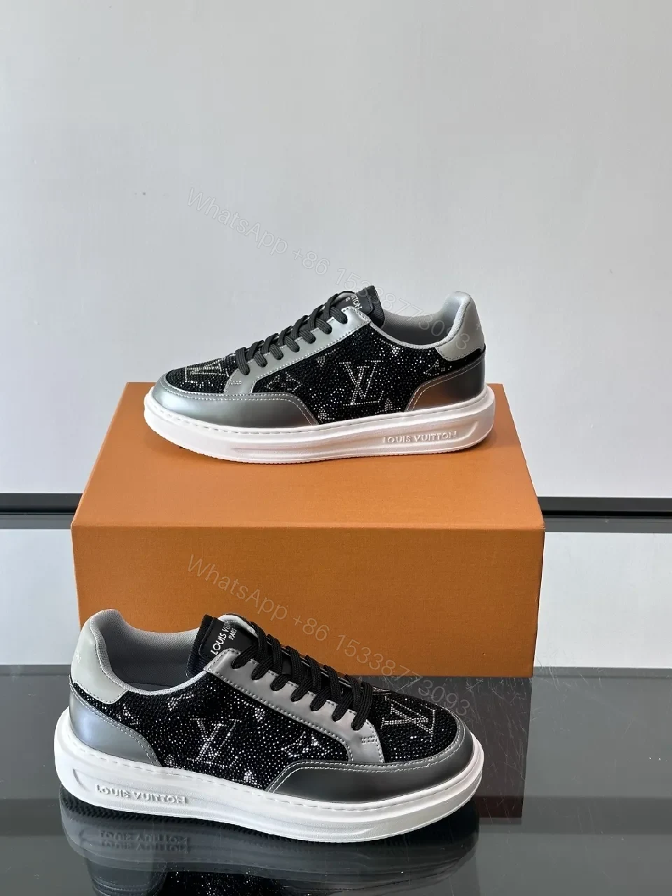 View 2 of Black Sparkle LV-Style Sneakers - Modern Glide, Subtle Luxe