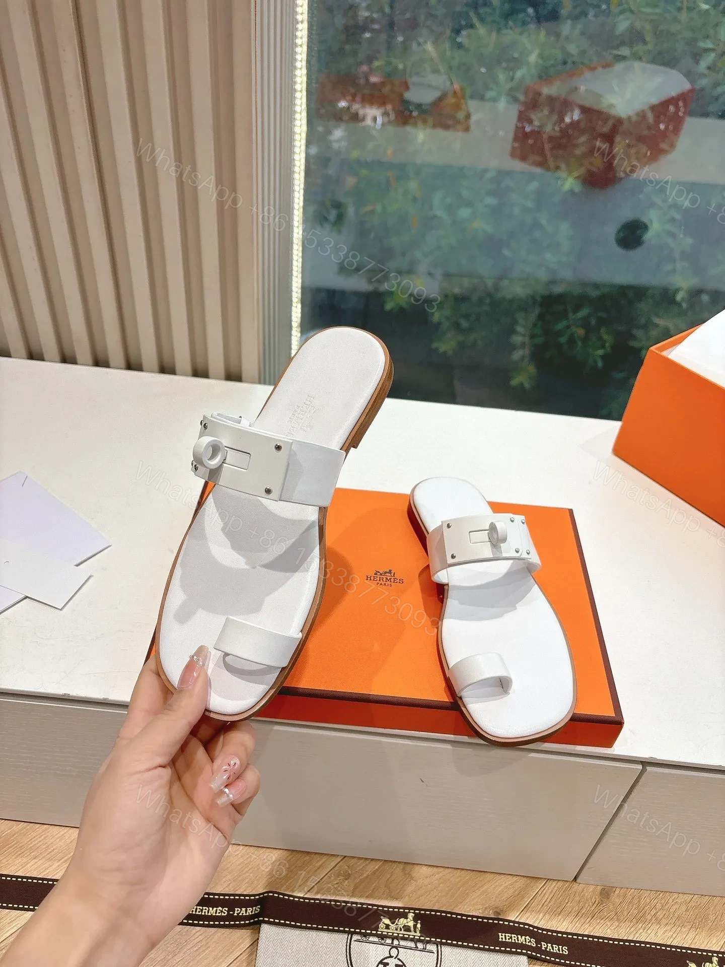 View 6 of Hermes Women White Leather Flat Sandals
