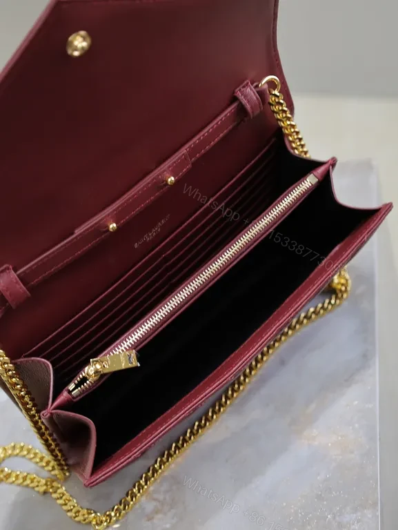 View 8 of Burgundy Quilted Envelope Crossbody Bag with Gold YSL Logo