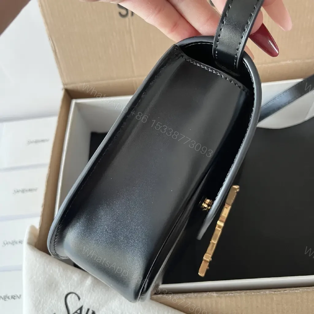View 3 of Compact Black Leather Crossbody: Gold YSL-Inspired Minimalist Bag