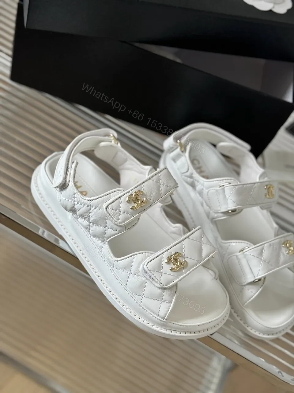 View 8 of White Leather Sandals with Gold Hardware, Quilted Strap Comfort