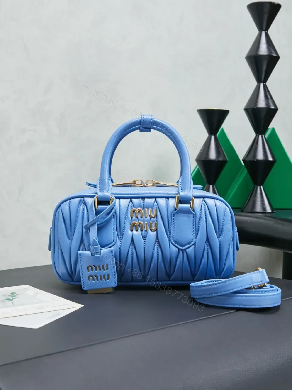 View 8 of Bright Blue Quilted Structured Satchel with Top Handles Analogous to Miu Miu-style Gold Hardware Bag
