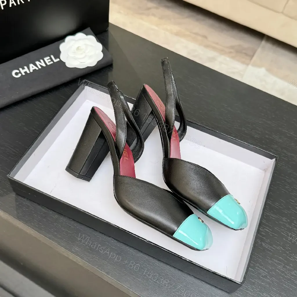 View 3 of Color-Block Leather Slingback Heels with Turquoise Toe Cap