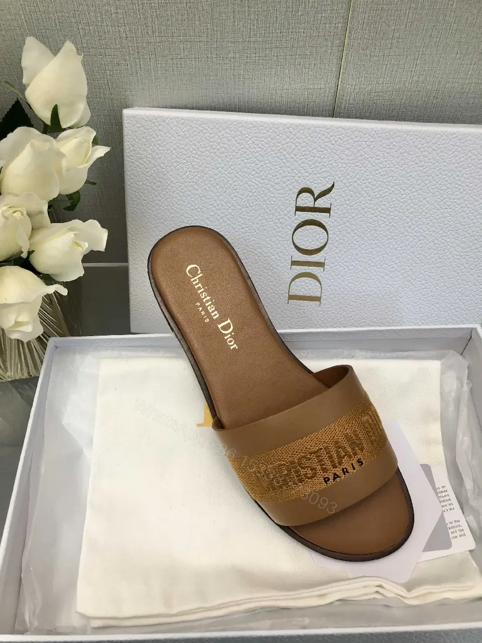 View 3 of Brown Leather Christian Dior Slides, Bold Logo Strap, Paris, Slide Sandals