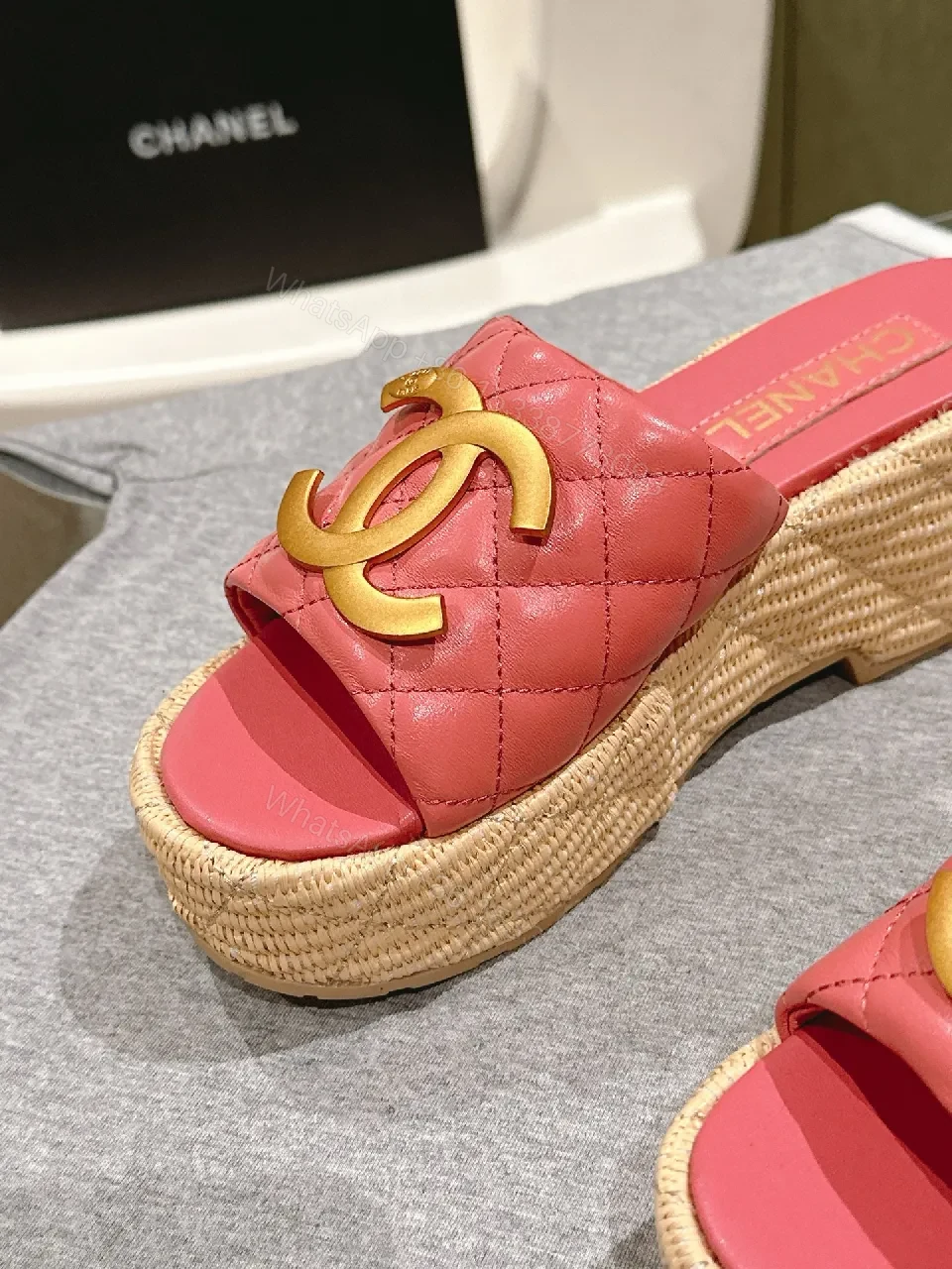 View 3 of Pink Quilted Espadrille Platform Sandals with Metallic Hardware