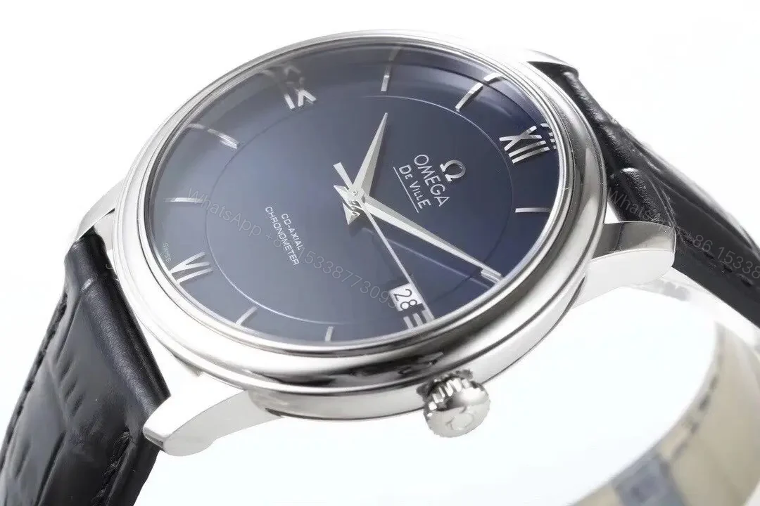 View 5 of Omega De Ville Prestige Replica Watch Blue Dial Silver Case Black Leather Strap