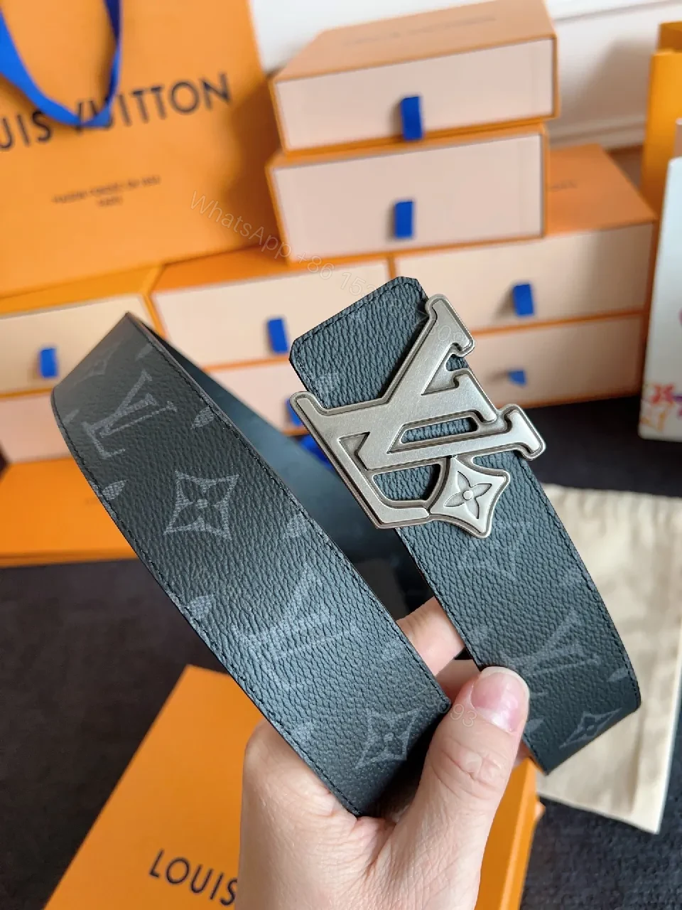 View 2 of Lux Slim LV-Pattern Belt: Monogram Leather, Silver Buckle, Modern Style