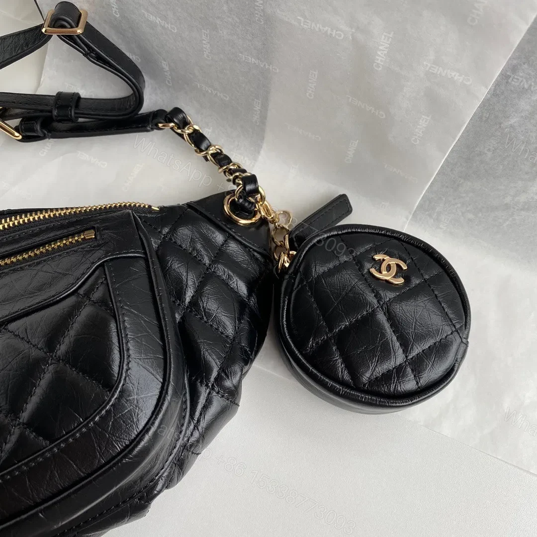View 5 of Chanel Bumbag Black Wrinkled Leather Lock Gold Handbags 34x15x6cm