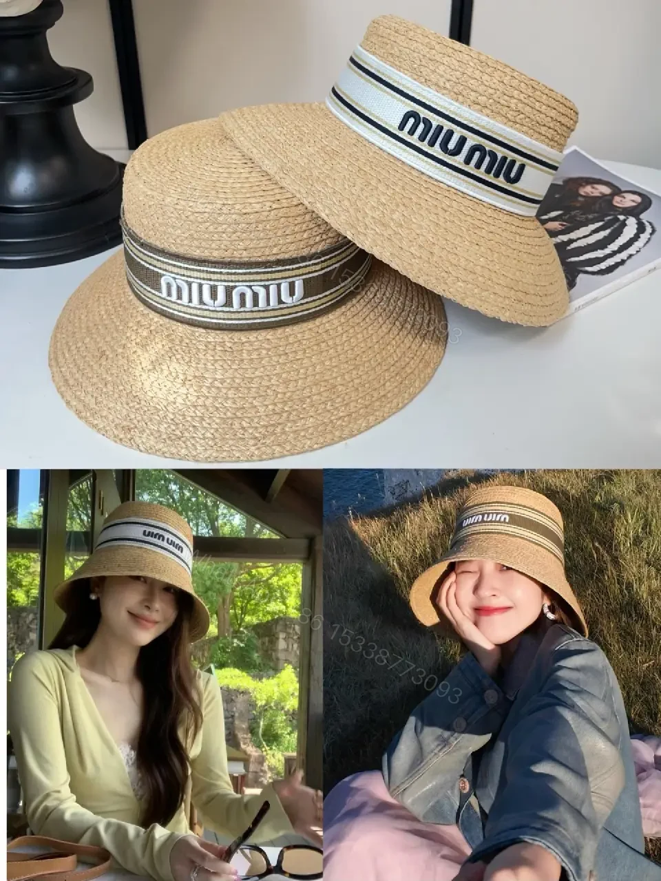 View 4 of Light Tan Straw Hat Wide Brim Flat Crown White Band Blue Stripes MIU MIU Visor Hat