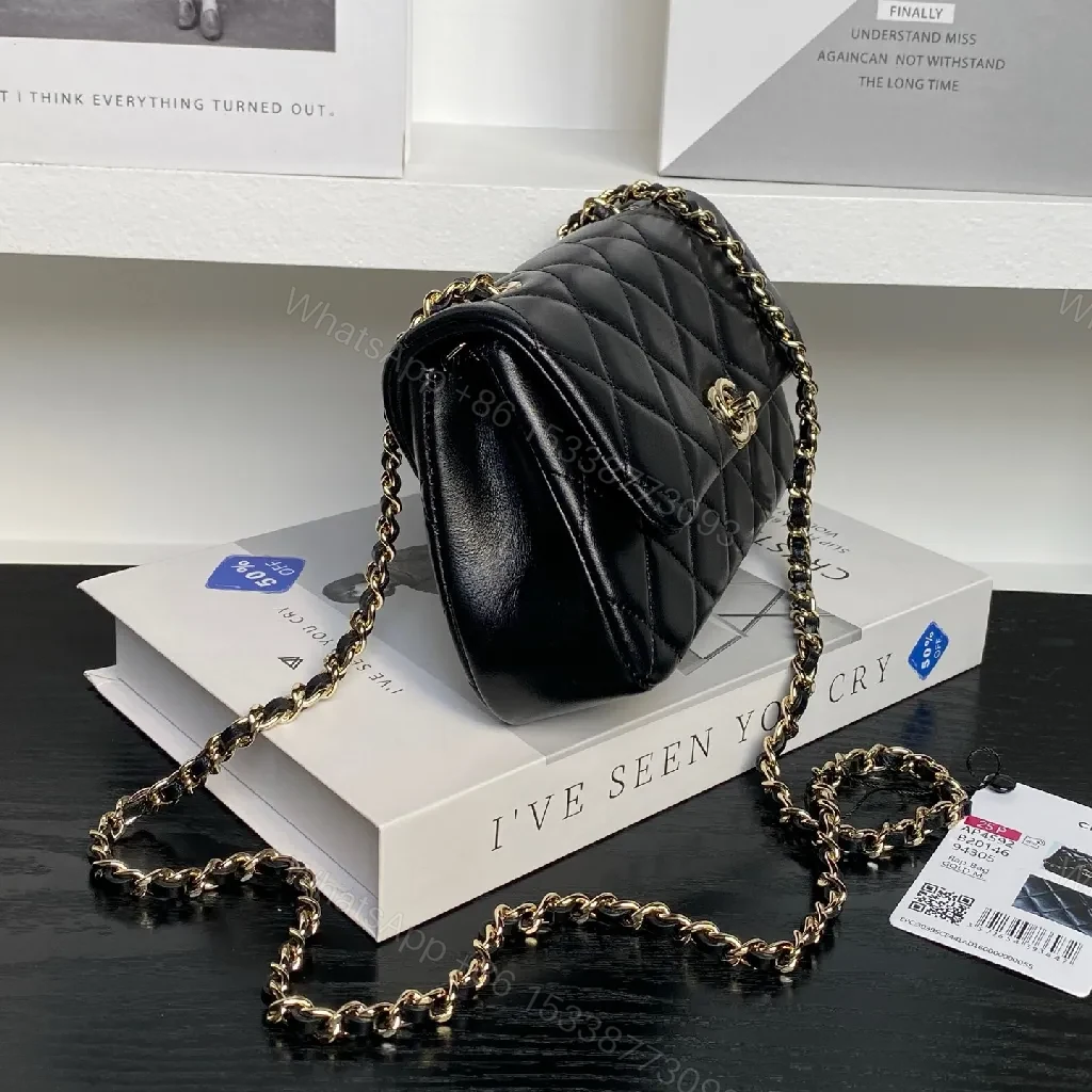 View 4 of Quilted Black Flap Bag with Gold Chain Strap, Compact, Elegant