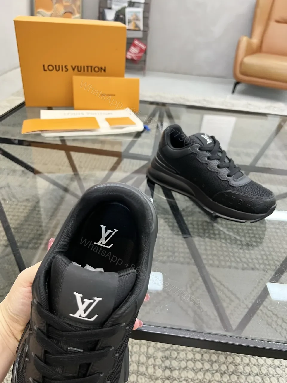 View 8 of Black Leather-Textured Runner with Signature Detailing Sneakers