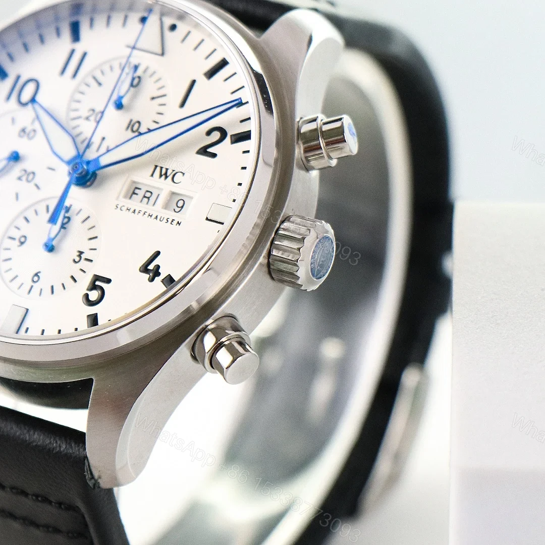 View 6 of IWC Pilot Chronograph White Replica 43MM Premium Steel Case Black Leather Strap Edition IWC-PILOT-CHR-WHT43-LTH